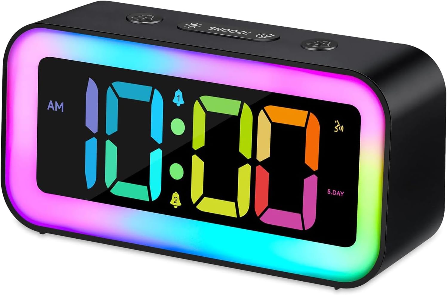 (Czarny) Głośny budzik do sypialni z lampką nocną RGB, wytrzymały, podwójny alarm, ściemniacz, ładowarka USB, mały cyfrowy budzik nocny z wyświetlacze