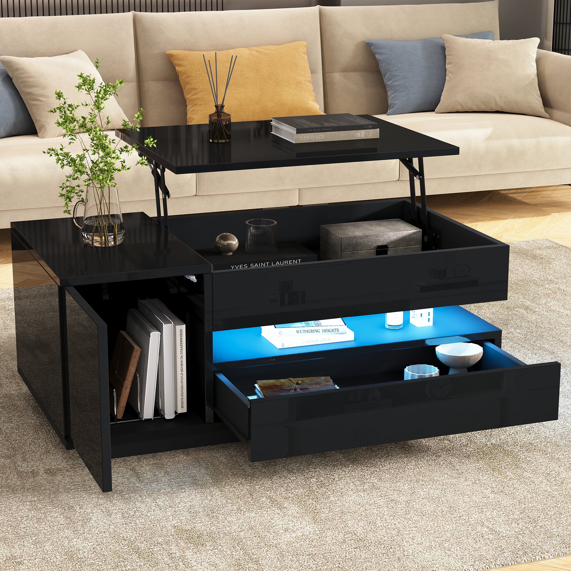 Stolik kawowy z podnoszonym blatem 95x50x34,5 cm - Wykończenie błyszczące - 1 szuflada i 1 drzwi - Oświetlenie LED - Czarny