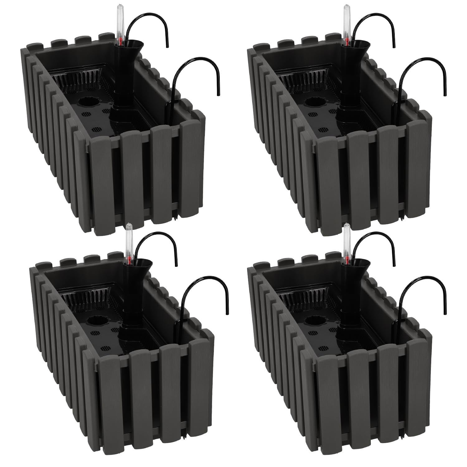4 szt. Doniczka - Skrzynka Balkonowa - 38 x 18 x 16 cm - na Taras - z Hakami - System Nawadniania - Szara KOTARBAU