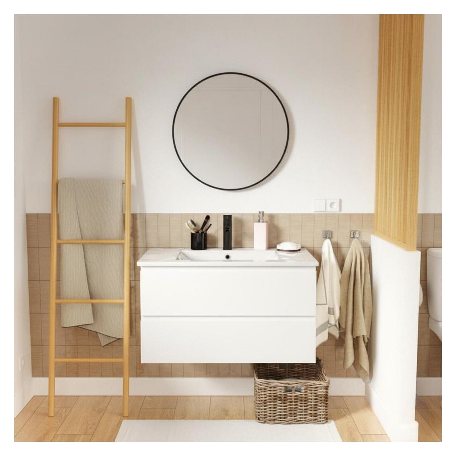 Pojedyncza szafka pod umywalkę 80 cm, wykończenie dębowe, z baterią i lustrem SORRENTO
