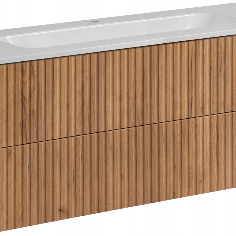 Szafka łazienkowa LINEA 120 cm Dąb Craft Złoty ryflowana wisząca z umywalką