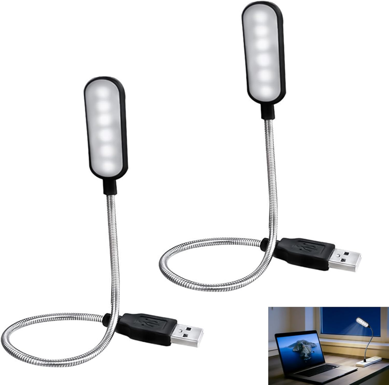 2-częściowa elastyczna lampa LED USB, ściemnialna lampa USB, elastyczna, gęsia szyja z 6 diodami LED, miękka lampa USB do komputerów PC i Mac, powerba