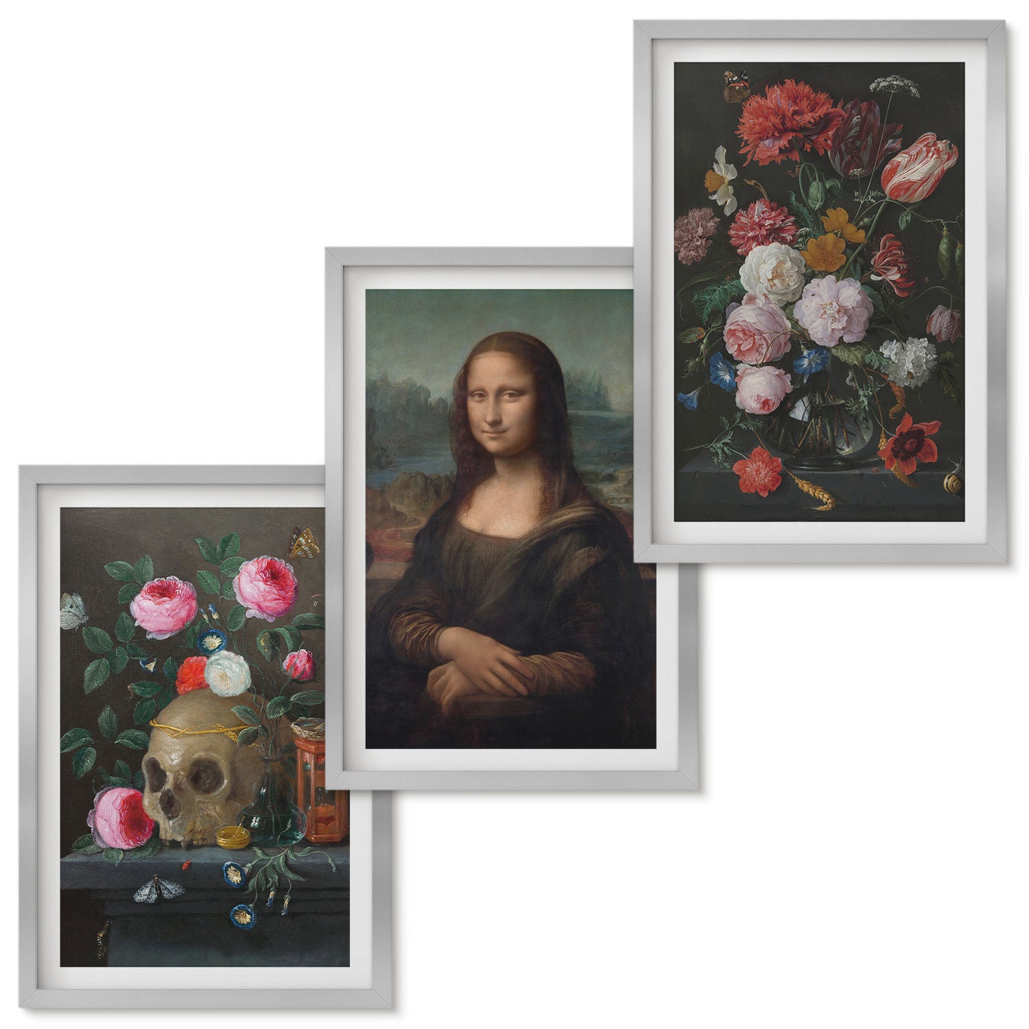 Zestaw obrazów w ramie - 3 części | Vintage kwiaty czaszka i portret Mona Lisy Leonardo da Vinci | Srebrna ramka