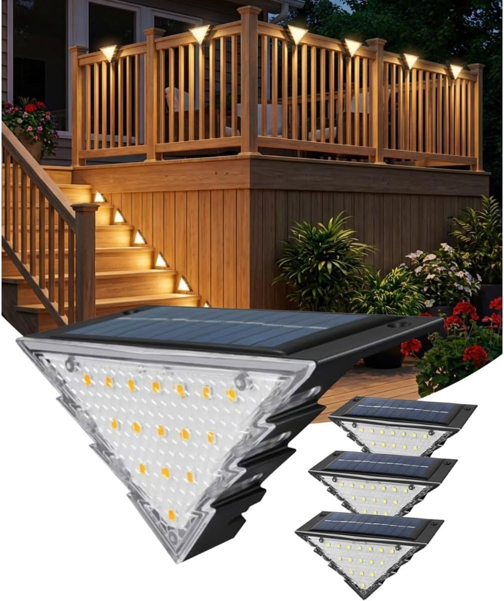Zestaw 4 lamp solarnych na schody, wodoodpornych, z 16 diodami LED, automatyczne włączanie/wyłączanie, na taras (ciepła biel)