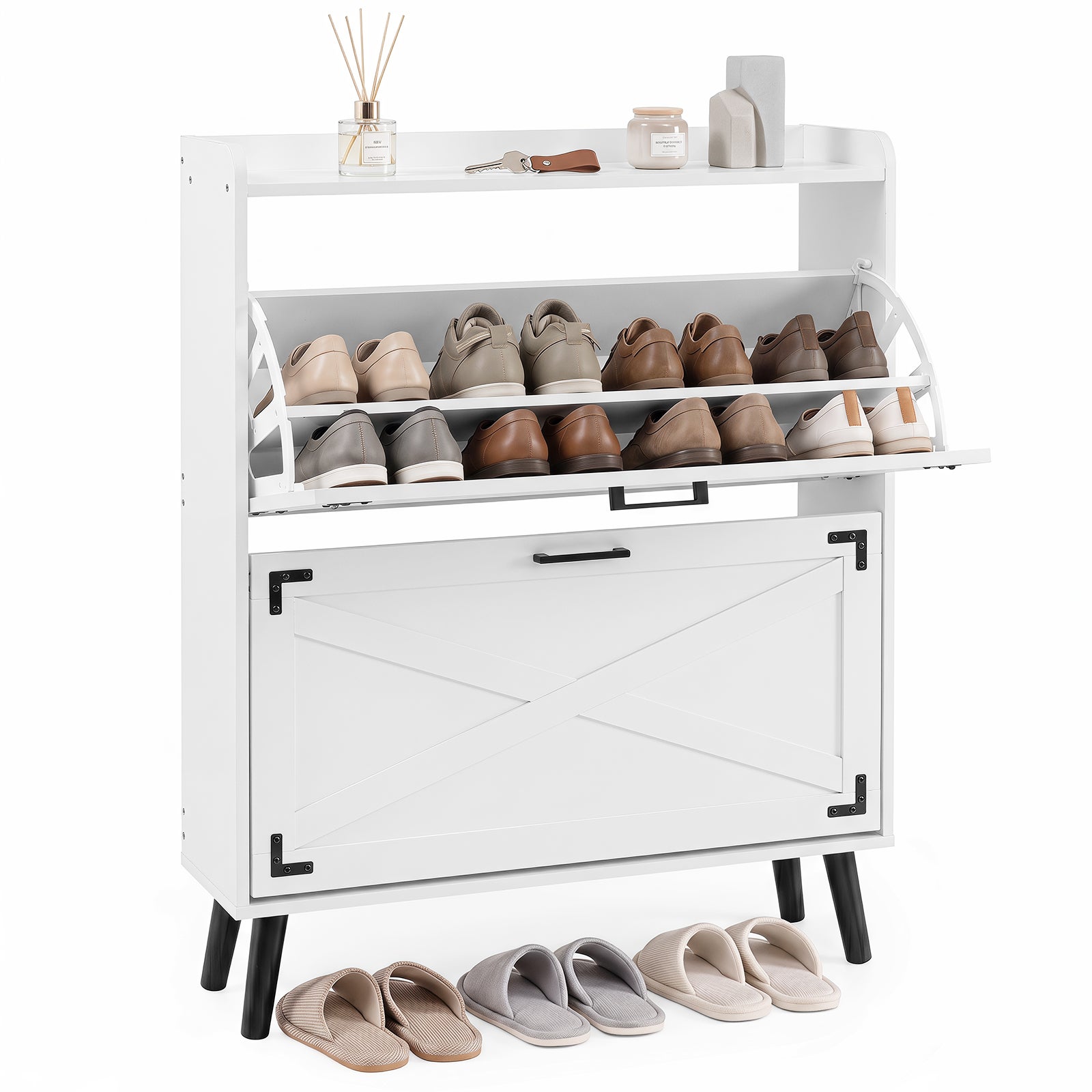 Wąska szafka na buty 80x24x103cm, 2 szuflady składane, przegródki regulowane i wyjmowane, zabezpieczenie antyprzechyleniowe, biała