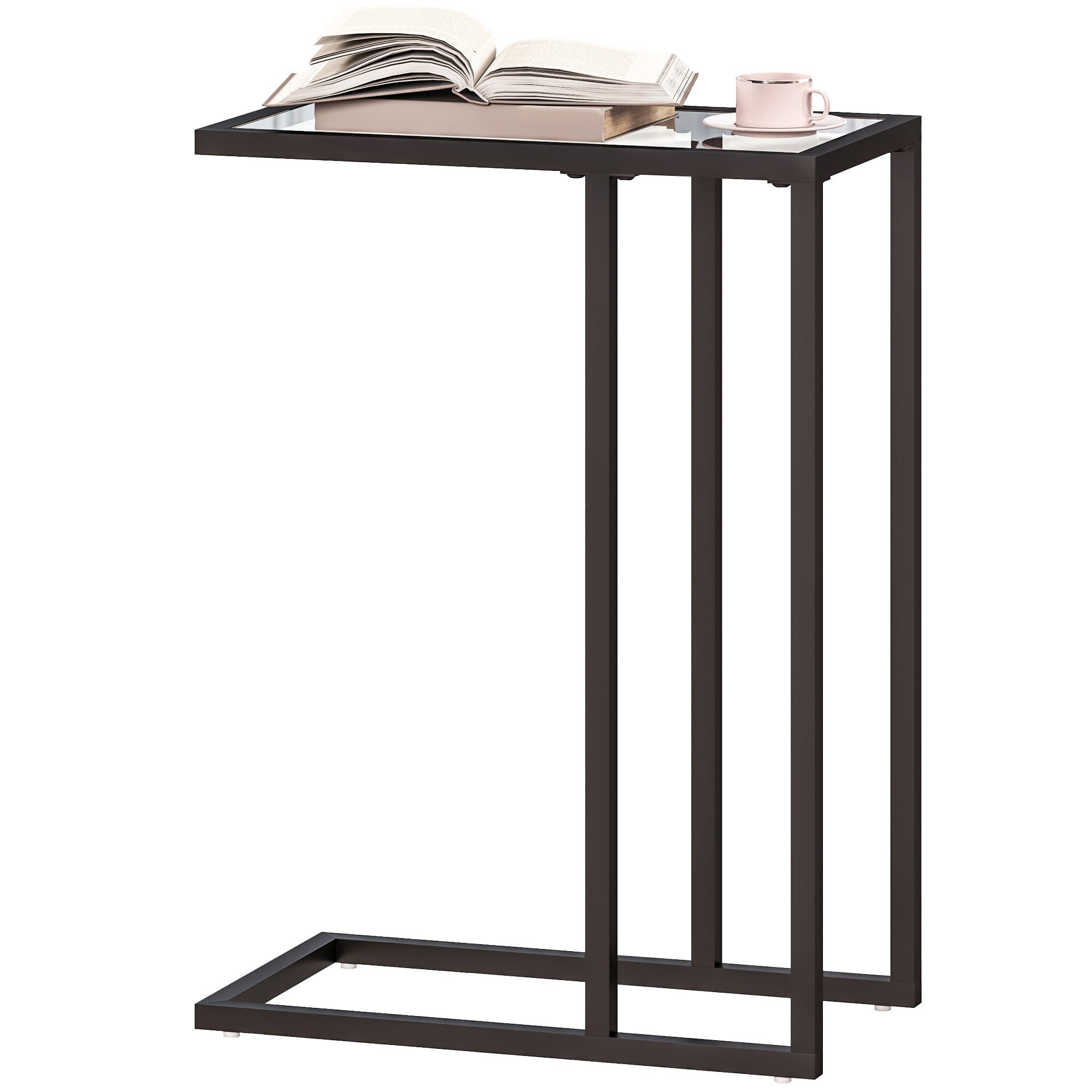 Stolik kawowy w kształcie litery C, szkło i stal, 46 x 25 x 63,5 cm, czarny