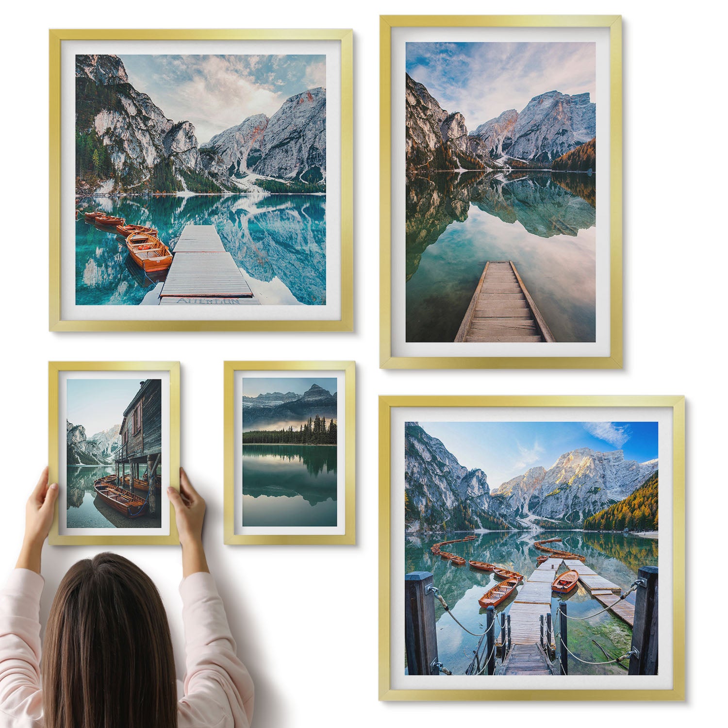 Galeria ścienna 5-częściowy komplet obrazów w złotych ramach - Górskie jeziora i malownicze widoki natury - ArtPrintCave