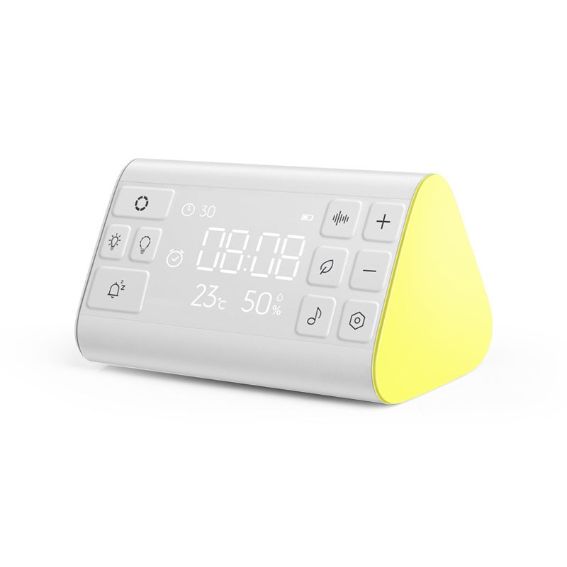 Generator szumu białego do snu i relaksacji, zegar cyfrowy, monitor temperatury i wilgotności oraz lampka nocna.
