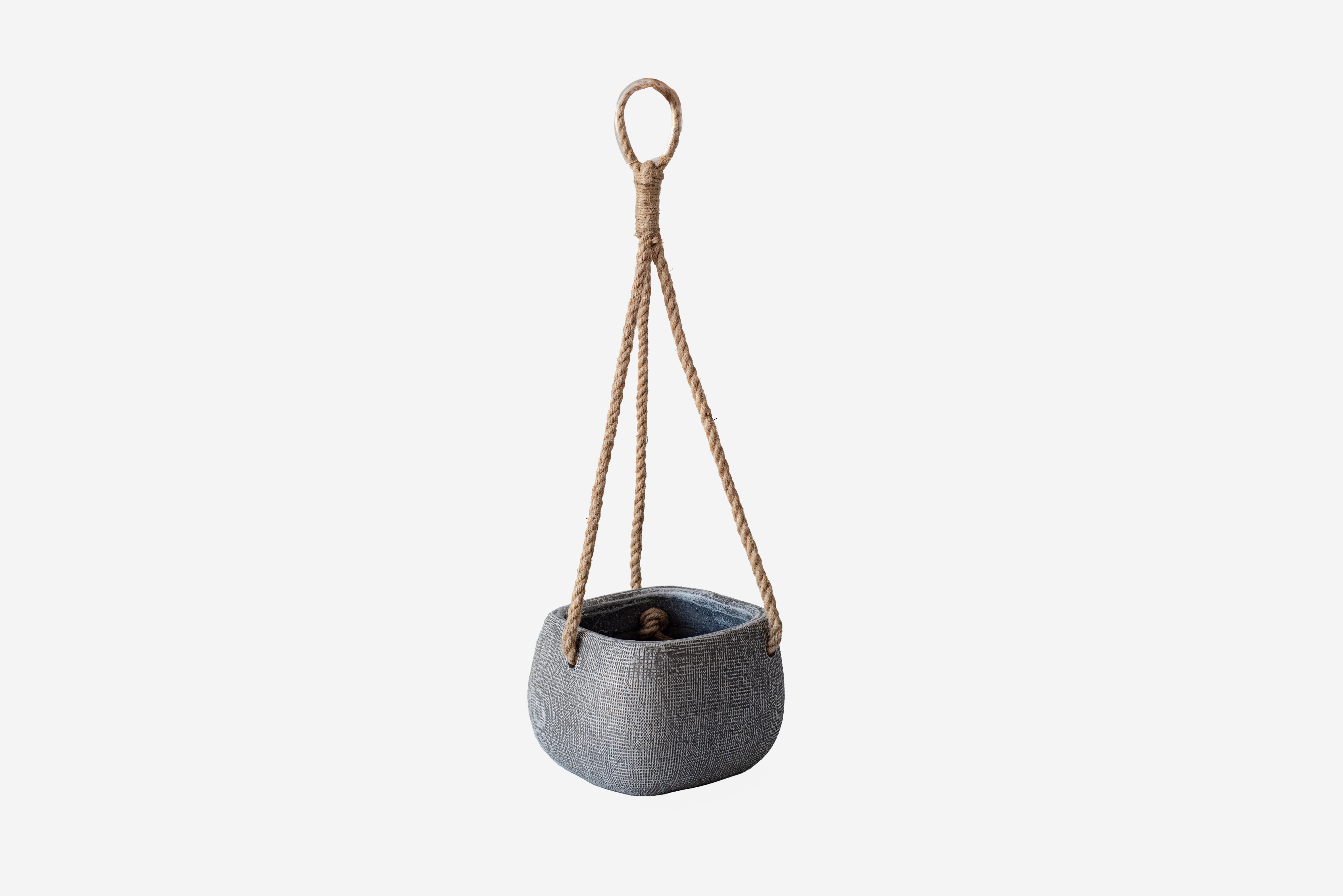 Kwadratowa szara ceramiczna doniczka wiązana na sznurku 15x15x11,5 cm