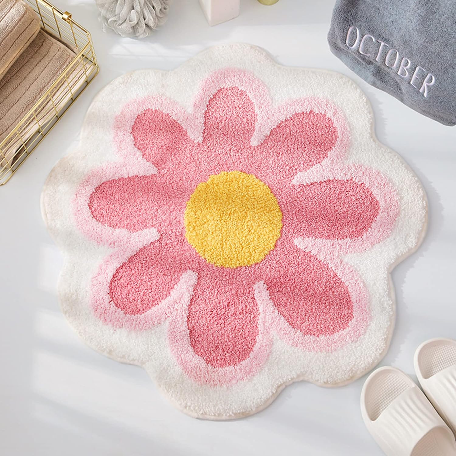 (Różowy) Ładny dywanik łazienkowy w kształcie kwiatka o wymiarach 40 cm x 40 cm, chłonny i antypoślizgowy, odpowiedni do toalet i łazienek