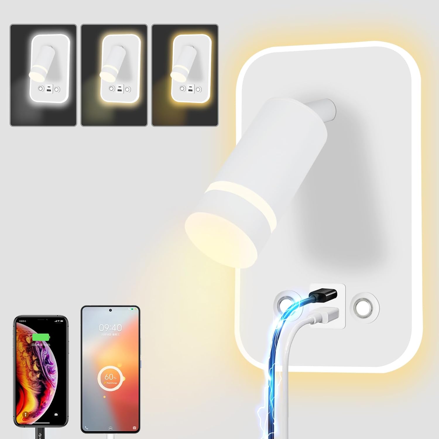 Kinkiet LED/lampka do czytania, włącznik dotykowy, 3 temperatury barwowe, 3+6 W, port ładowania USB, odpowiednia do salonów.