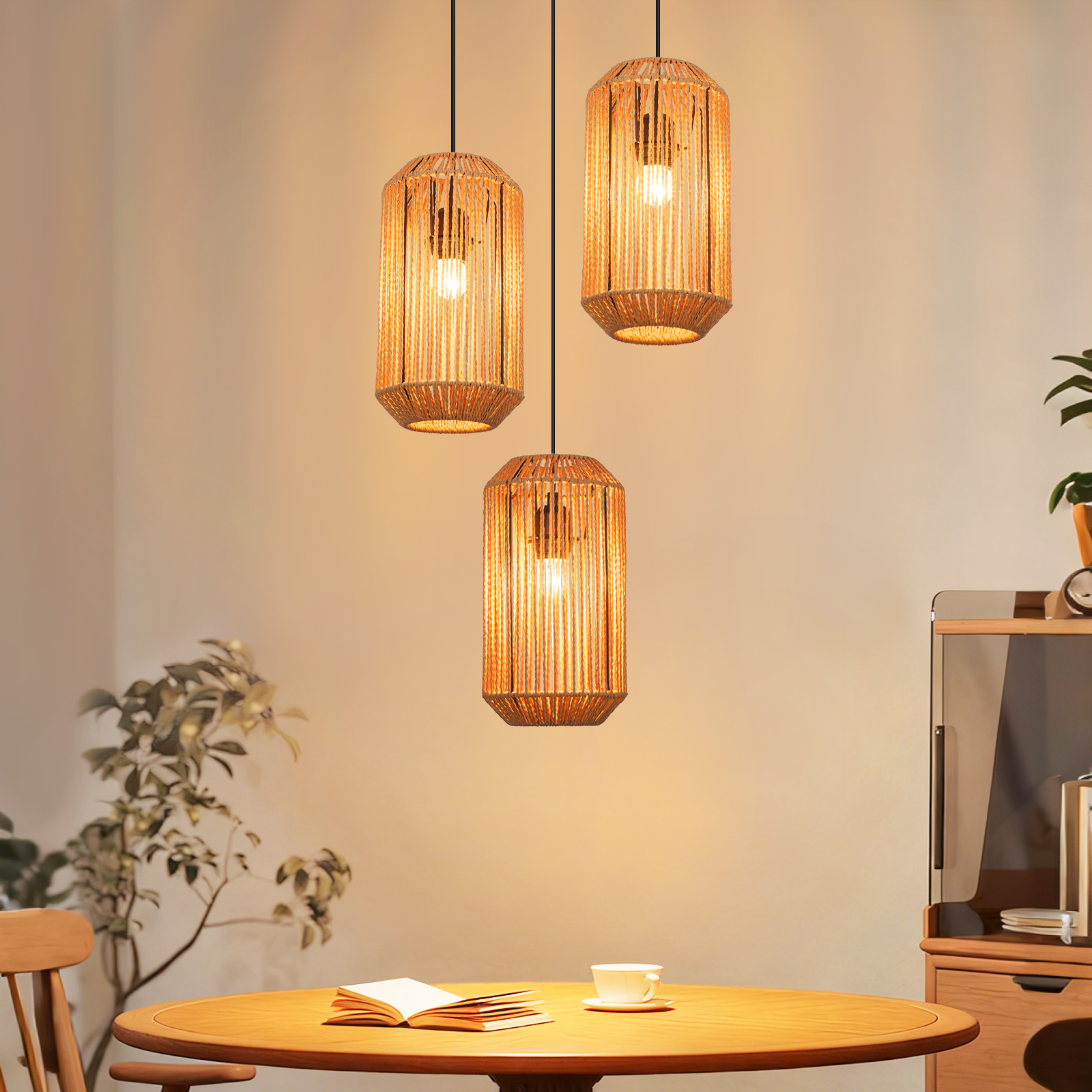 Nettlife Wiszący Żyrandol Boho Rotim – Oświetlenie Sufitowe 3 x E27, Regulowany, Styl Retro, Do Jadalni i Sypialni (Żarówki nie dołączone)