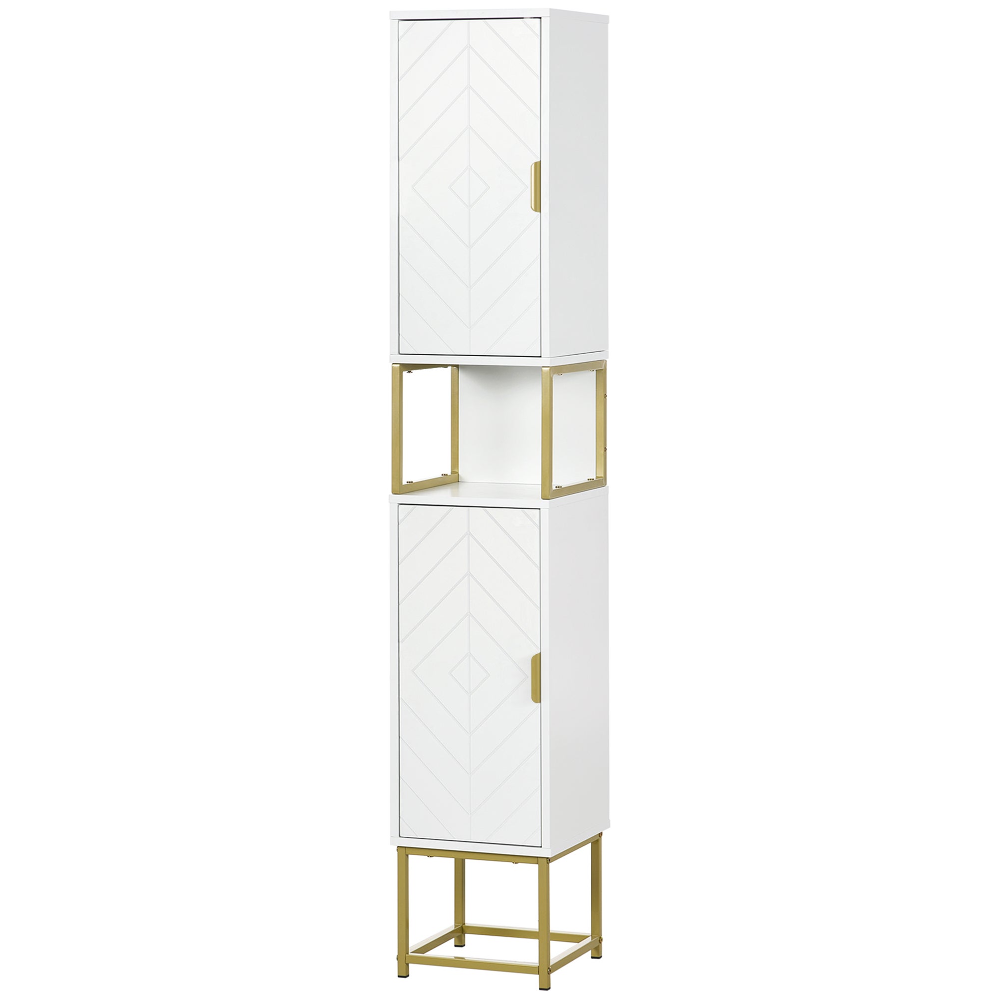 Kolumna łazienkowa z 2 szafkami i półką z płyty MDF i stali, 30 x 30 x 170,7 cm, kolor biały i złoty
