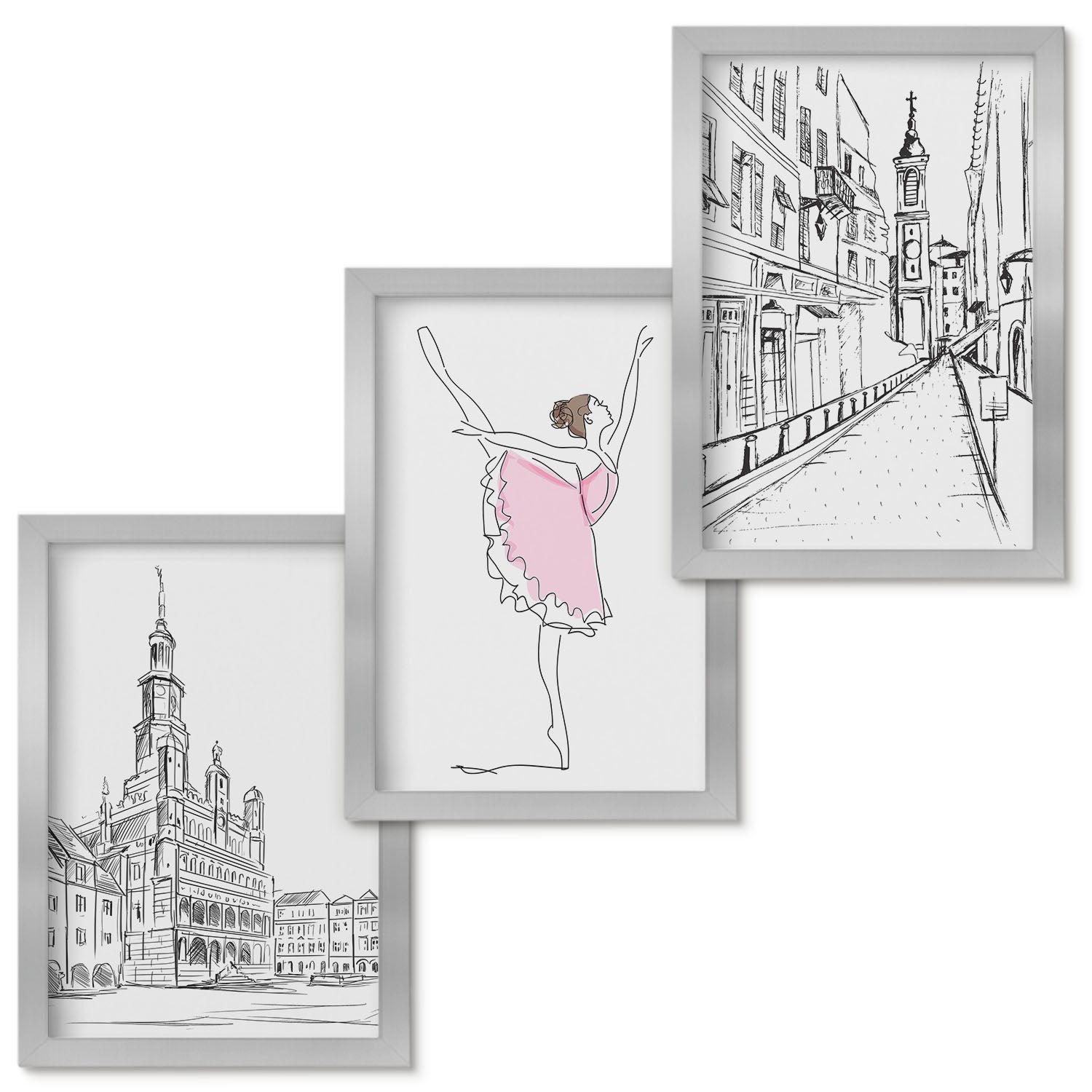 Zestaw obrazów w ramie - 3 części | Stylowe obrazy z tańczącą baletnicą i architekturą | Srebrna ramka