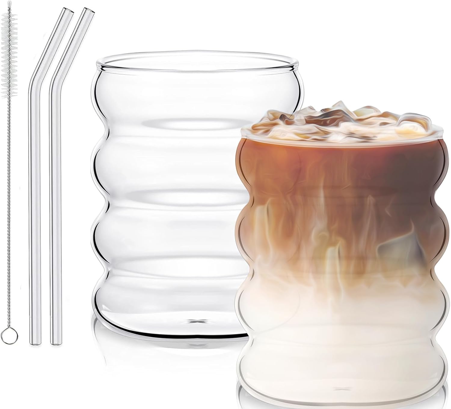 Szklanki 300 ml z karbowanymi słomkami, zestaw 2 szklanek do kawy z żebrowanymi szklanymi słomkami, do gastronomii, wody, soków owocowych, piwa, szkla