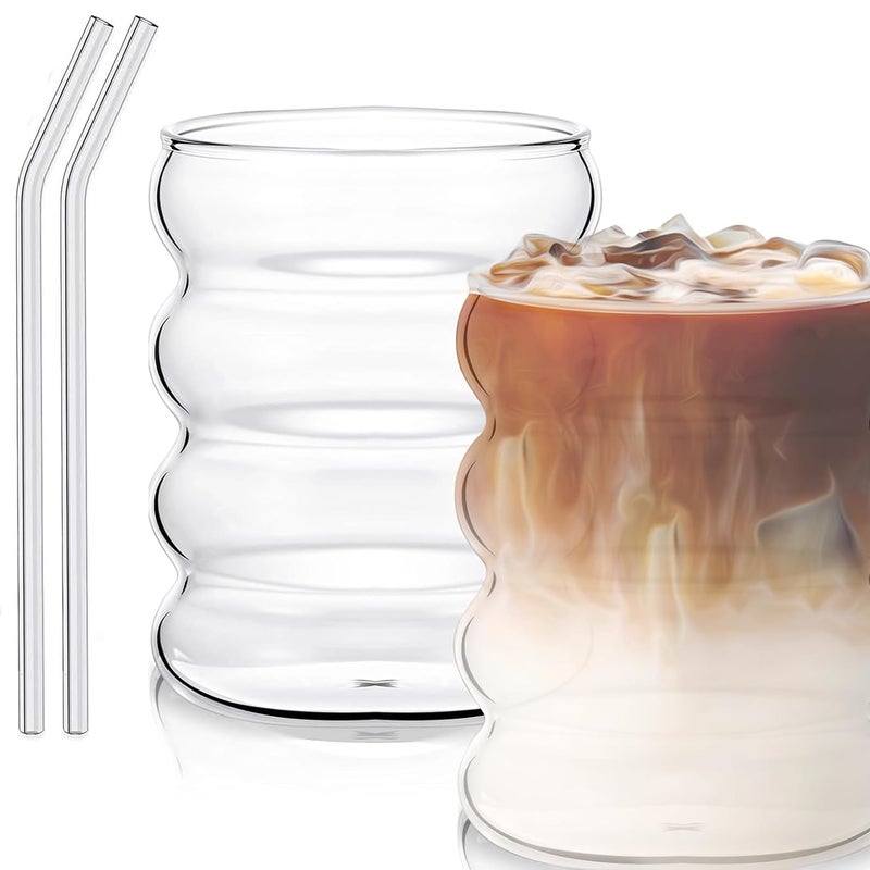 Szklanki 300 ml z karbowanymi słomkami, zestaw 2 szklanek do kawy z żebrowanymi szklanymi słomkami, do gastronomii, wody, soków owocowych, piwa, szkla