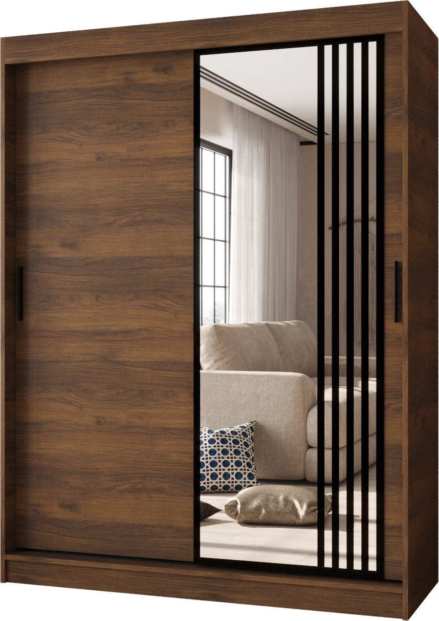 Szafa przesuwna z lustrem GLOSSY 150 x 62 x 200 orzech + u. czarny