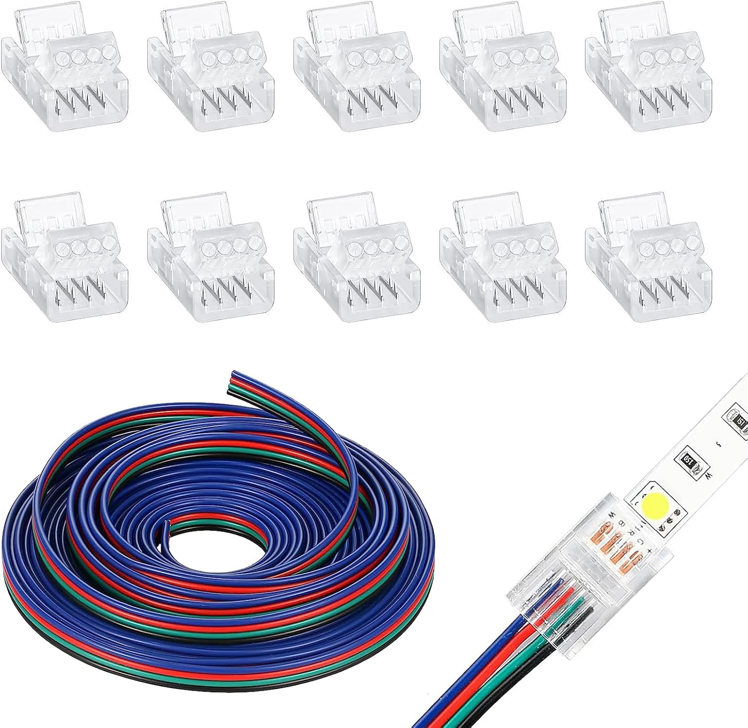 5-metrowy kabel przedłużający do paska LED 4-pinowy, 22AWG, 5 V–24 V, z 10 szybkozłączkami, pasek LED bez lutowania do RGB 5050 10 mm, kabel zas