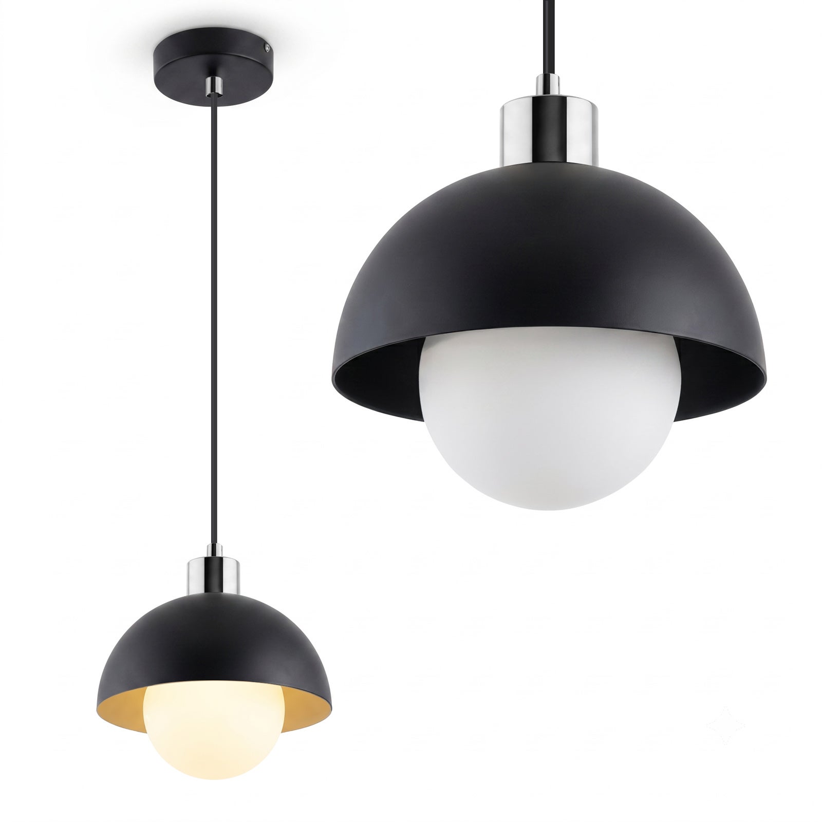 Czarna lampa wisząca biały szklany klosz i czarna półkula 20 cm dekoracyjna