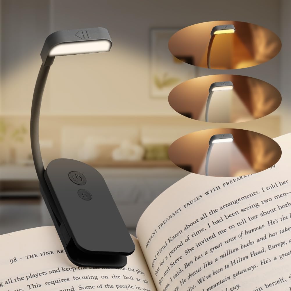 Akumulatorowa lampa do czytania, przenośna, trwała, miniaturowa lampa LED do czytania z klipsem, giętka szyjka 360°, 3 tryby ochrony oczu (ciepłe