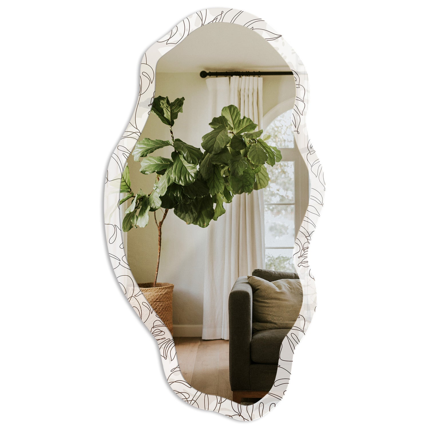 Nowoczesne lustro organiczne z ozdobną szklaną ramą i motywem graficznym - Liście monstera 52x97cm