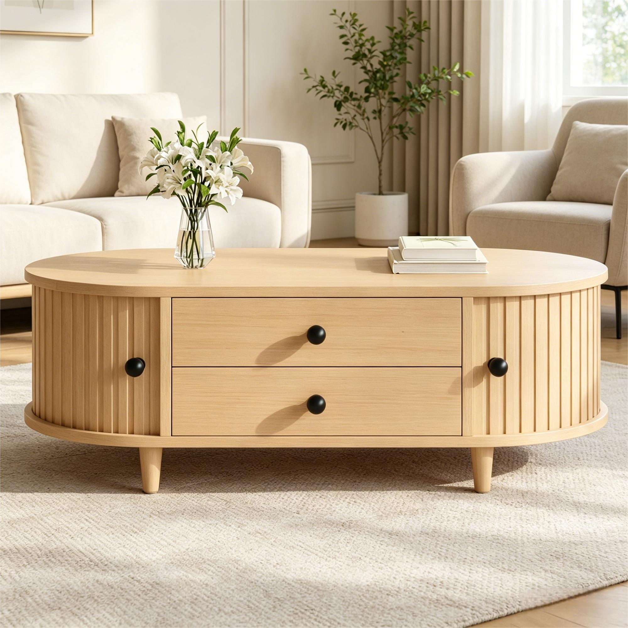 Okrągły stolik kawowy z drzwiami, stolik kawowy z jasnego drewna z 2 szufladami,stolik kawowy z płyty MDF do salonu,100×50×36 cm, nośność do 50 kg