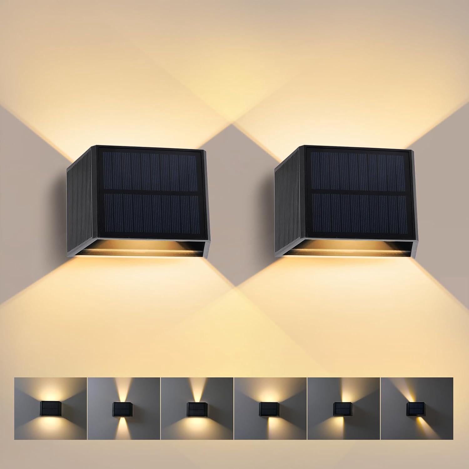 Solarna lampa ścienna zewnętrzna, 2 sztuki, regulowana góra-dół, wodoodporna, mocna solarna lampa ścienna 3000K do montażu na ścianie lub ogrodzeniu