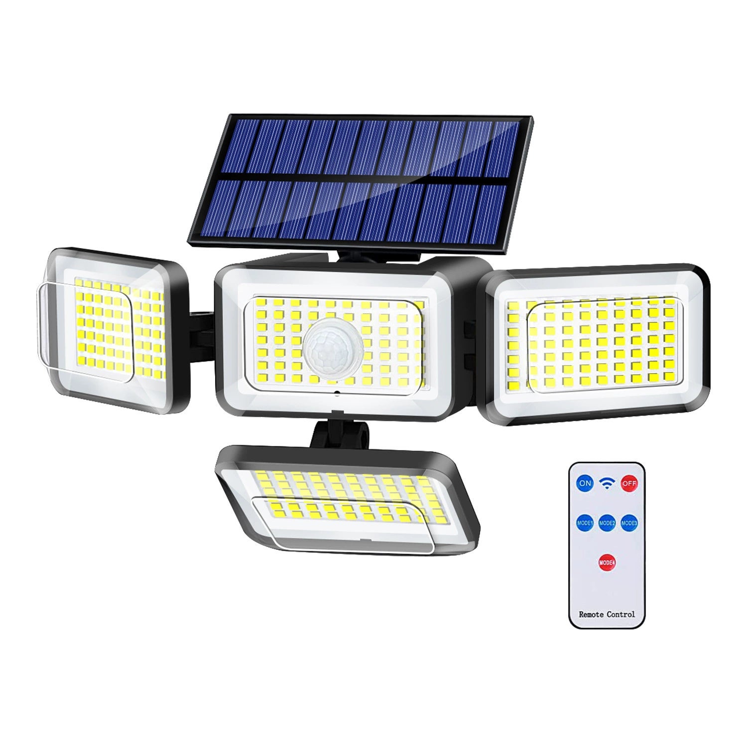 288 LED Solar Light Outdoor, Wodoodporny, z czujnikiem ruchu i pilotem, 4 głowice Solar Garden Spotlight