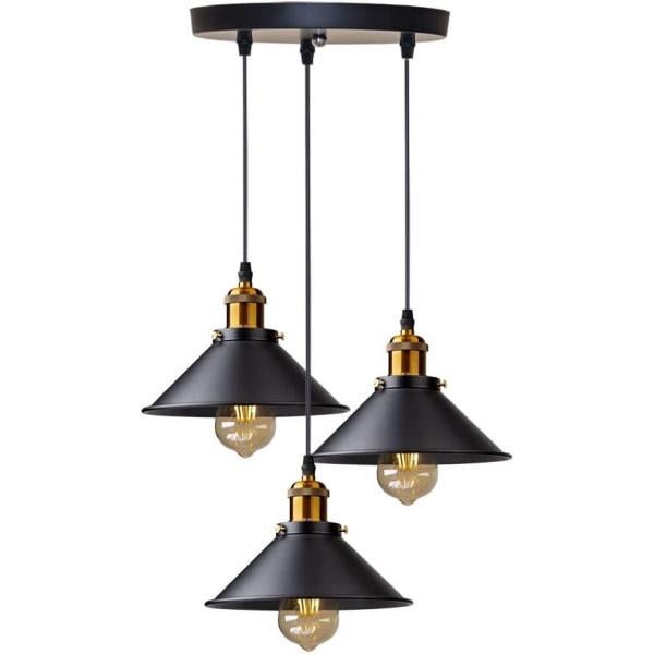 3-punktowa lampa wisząca, styl retro industrialny Edison, metalowy żyrandol z okrągłą płytą montażową, Ø 22 cm, kolor czarny