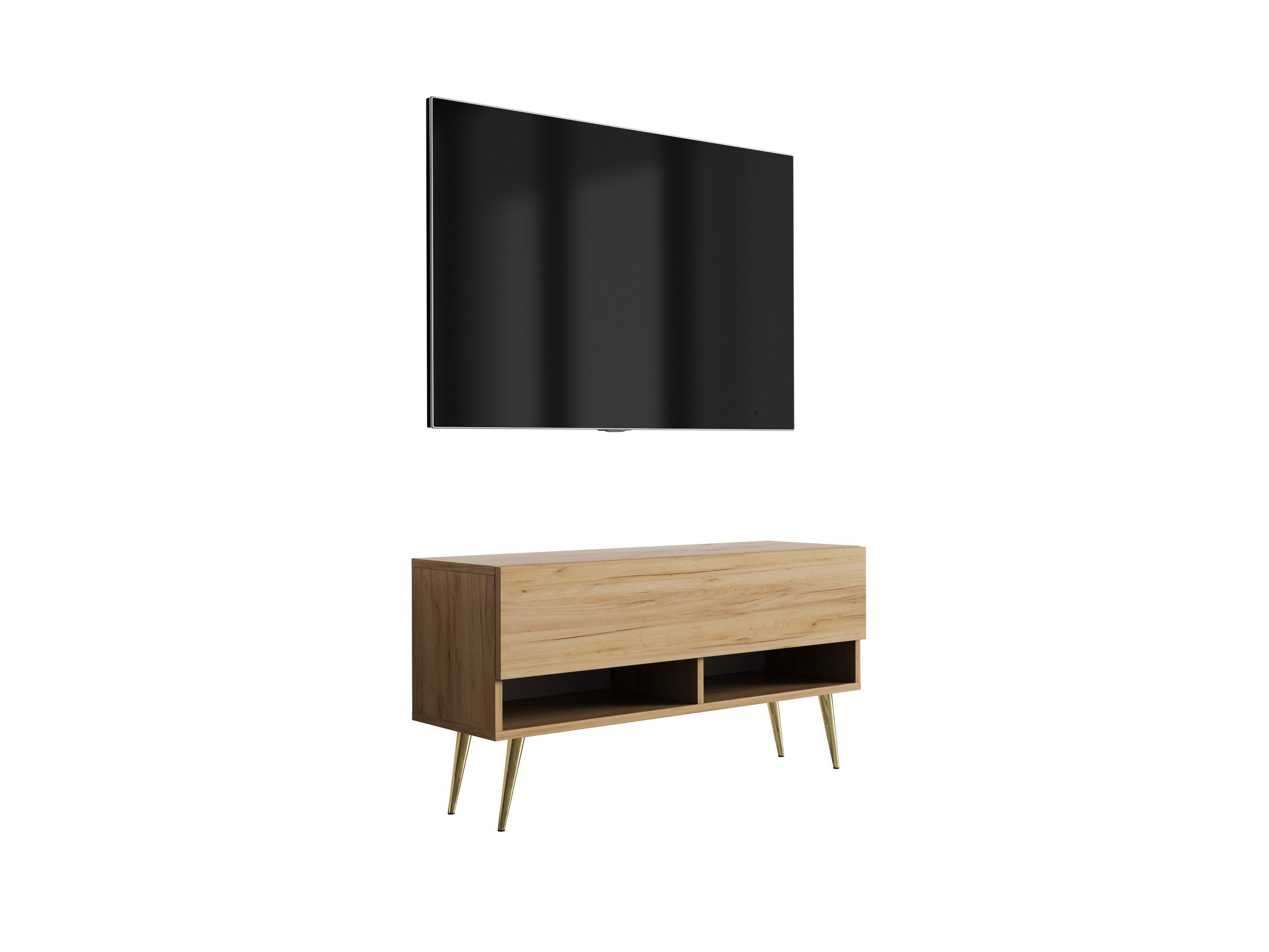 Szafka pod telewizor 100 cm Dąb Craft, nóżki pochyłe złote, 100 × 32 × 52 cm