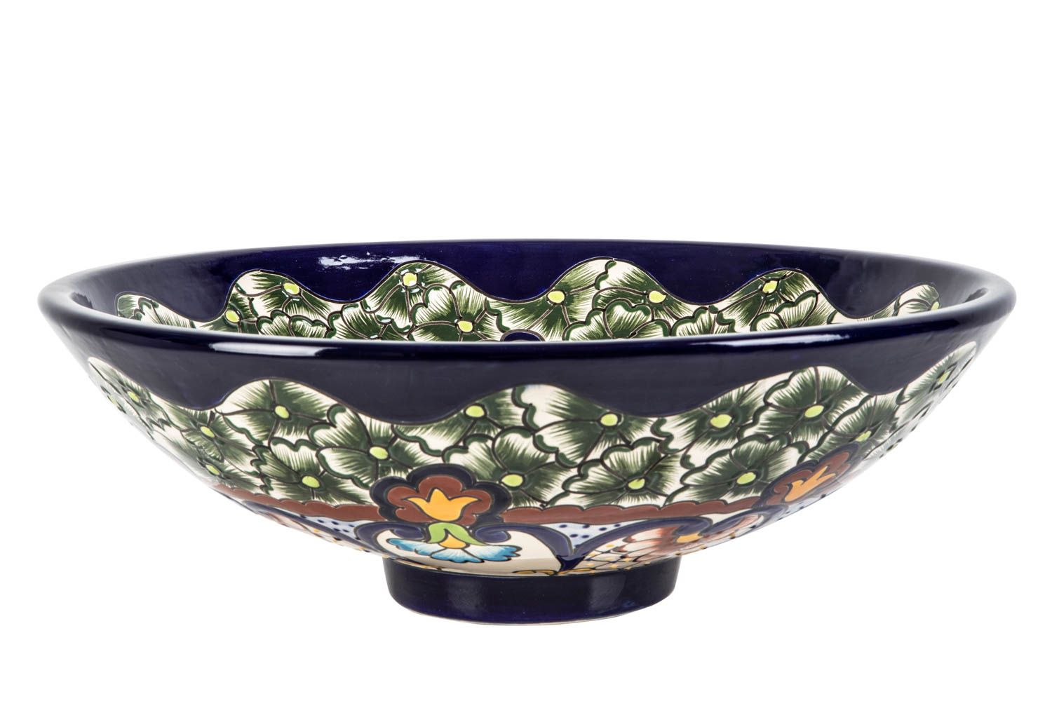 Meksykańska ceramiczna umywalka nablatowa z reliefem Juanetta Prima – okrągła umywalka łazienkowa 44 x 13,5 cm | Umywalka z motywami Talavera