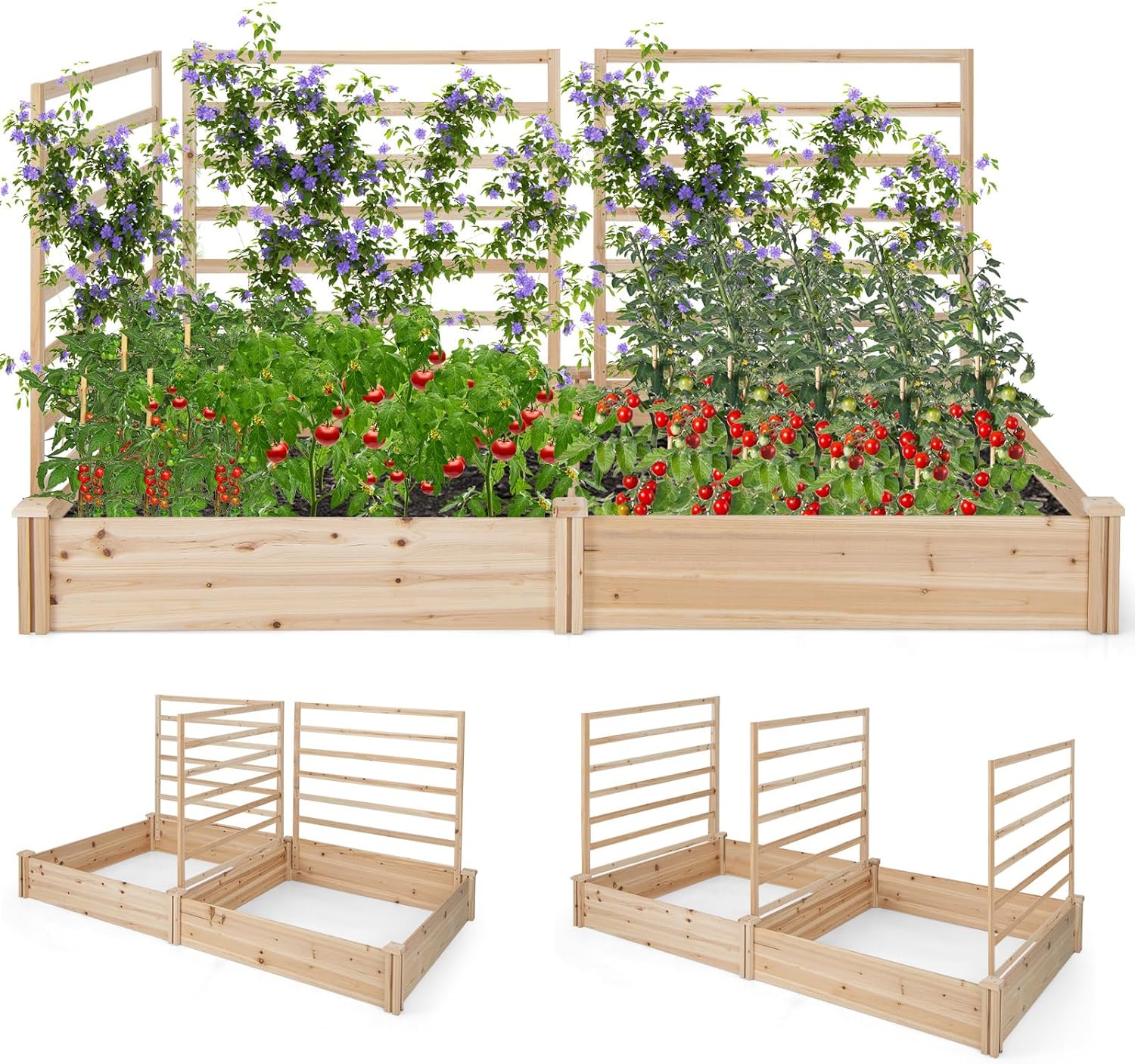 Podwyższona grządka z kratą, skrzynka na kwiaty z kratą, na rośliny, z drewna jodłowego, doniczka na rośliny pnące,naturalna (222 x 114 x 110 cm)