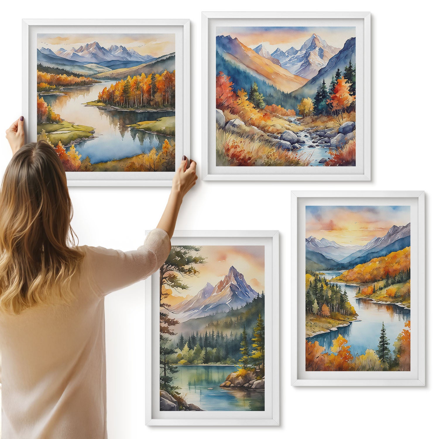 Galeria ścienna 4-częściowy komplet obrazów w białych ramach - Pejzaże górskie z rzeką i kolorowymi drzewami - ArtPrintCave