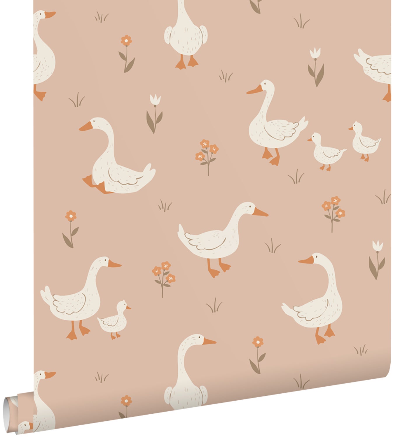 Tapeta słodkimi gęsiami różowa terakota - 50 x 900 cm - ESTAHOME