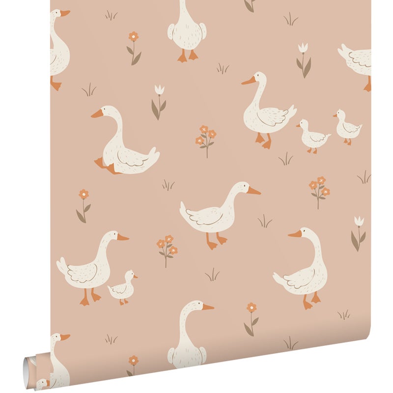 Tapeta słodkimi gęsiami różowa terakota - 50 x 900 cm - ESTAHOME