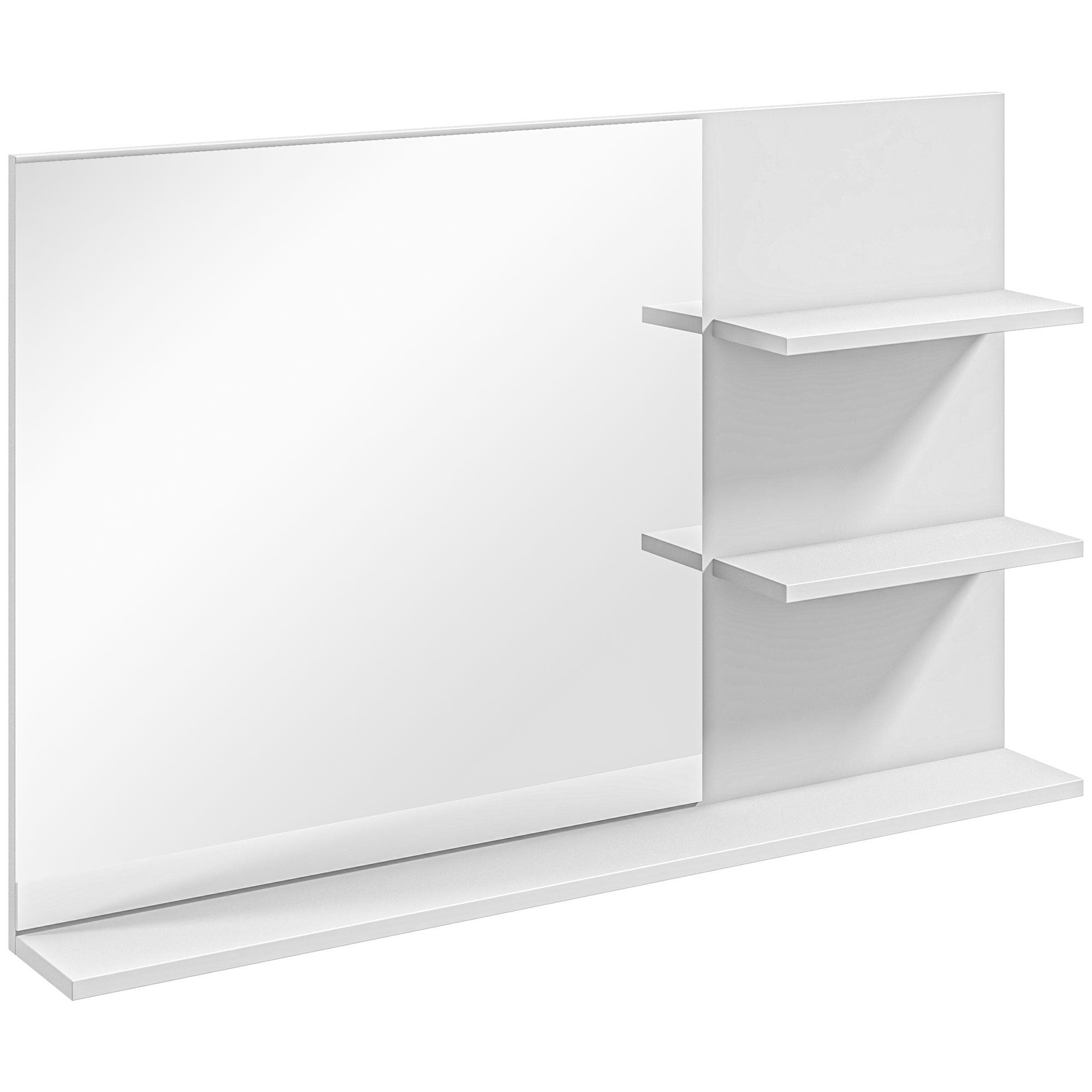 Lustro łazienkowe montowane na ścianie, z 2 bocznymi półkami i jedną dolną, wykonane z płyty MDF i szkła, 75 x 10 x 48 cm, kolor biały