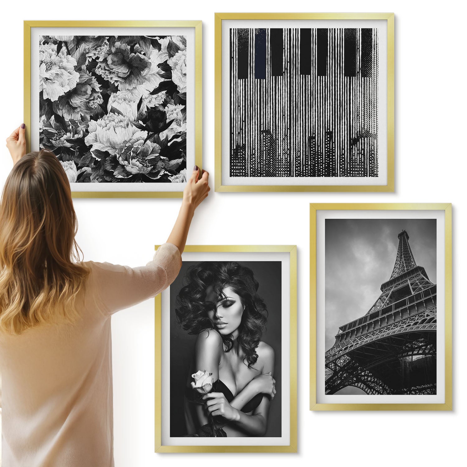 Galeria ścienna 4-częściowy komplet obrazów w złotych ramach - Portret kobiety z różą wieża Eiffla abstrakcje - ArtPrintCave