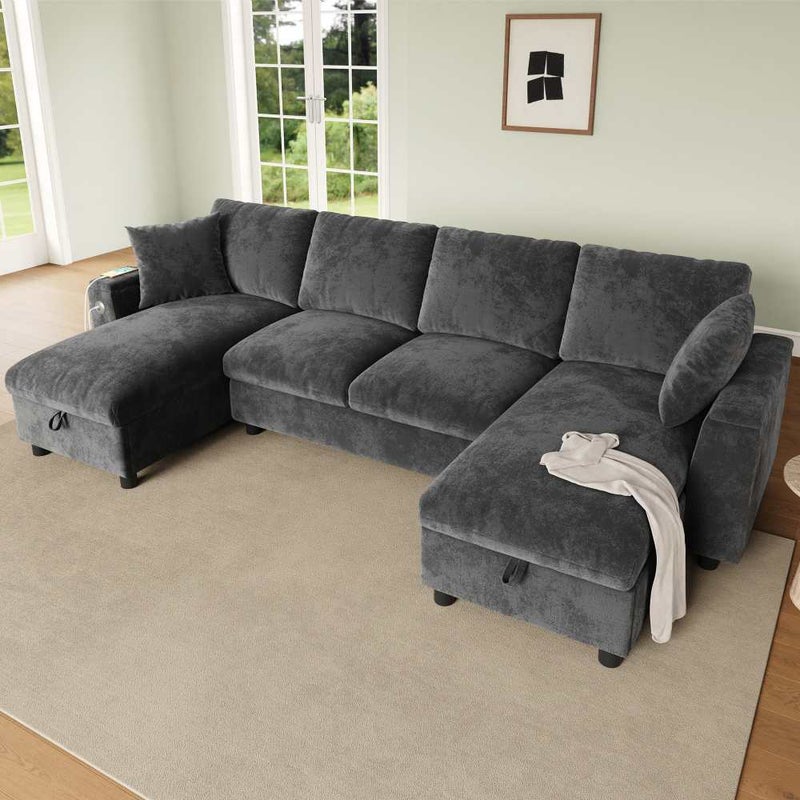 Nowoczesna sofa w kształcie litery U z szezlongiem, schowkiem, portami USB i typu C do wygodnego salonu