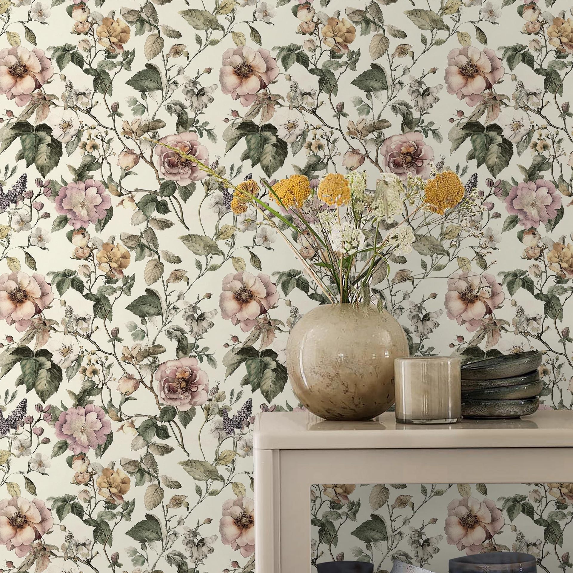 Tapeta w kwiaty w stylu vintage – Tapeta dekoracyjna do sypialni i salonów – Tapeta winylowa samoprzylepna (43 x 600 cm)