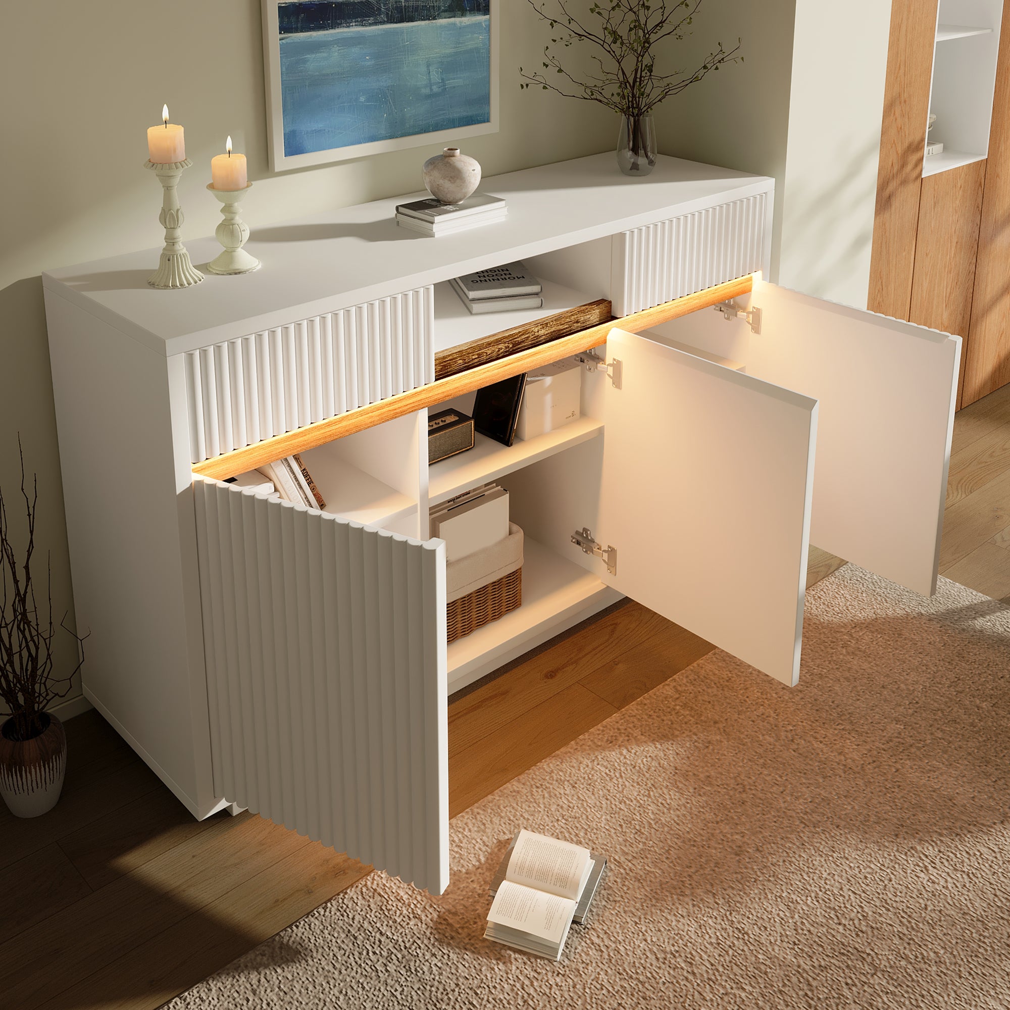 Komoda z 3 drzwiami uchylnymi, 2 szufladami i regulowanymi półkami z oświetleniem LED - 140 x 40 x 85 cm - Płyta MDF i płyta wiórowa - Biała