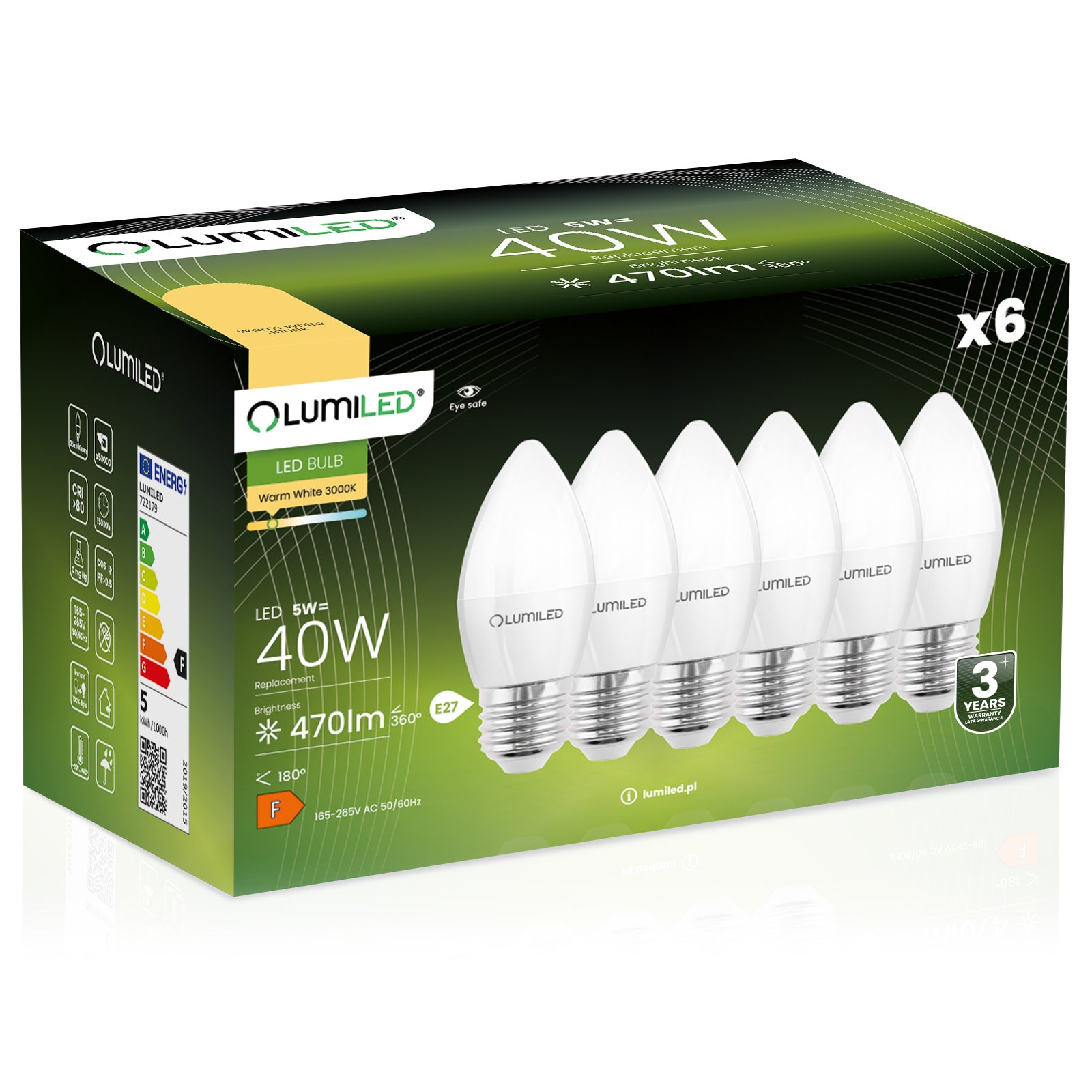 6x Żarówka Lumiled LED E27 Świeczka B35 5W = 40W 470lm 3000K Ciepła 180st