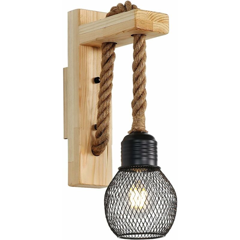 Kinkiet w stylu vintage z litego drewna – klosz z plecionej liny konopnej – oprawka E27 – brązowoczerwony 23 x 30 cm