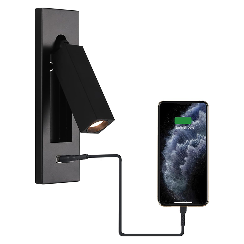 Lampka ścienna do czytania - z interfejsem USB - Lampka nocna LED - Wpuszczana i regulowana lampka do czytania - czarna