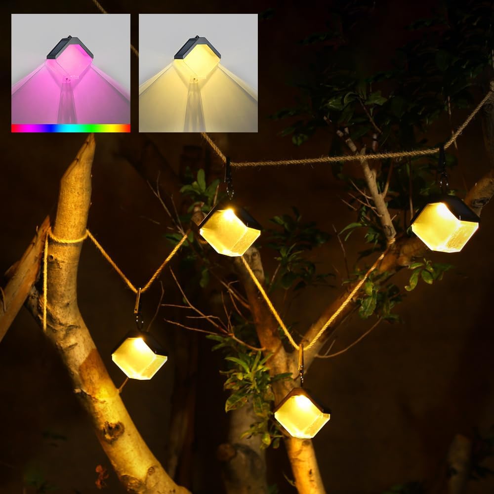 Lampy solarne wiszące na ogrodzenie, lampki solarne na ogrodzenia, kolorowe oświetlenie zewnętrzne RGB i ciepłe białe (zestaw 4 sztuk)