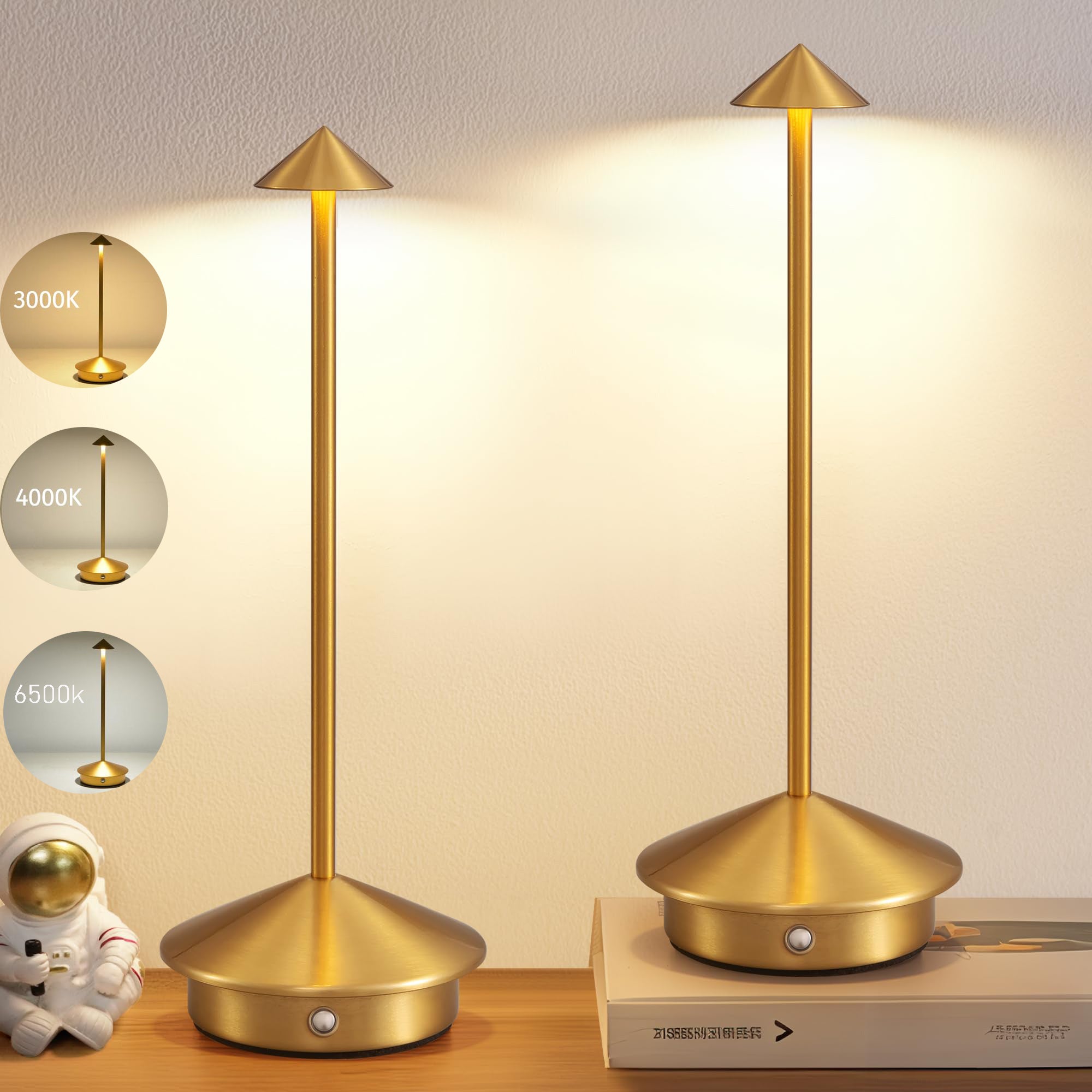 Bezprzewodowa lampka biurkowa LED z dotykowym sterowaniem, 2 sztuki, 1800 mAh, trzy temperatury barwowe i płynna regulacja jasności (złota)