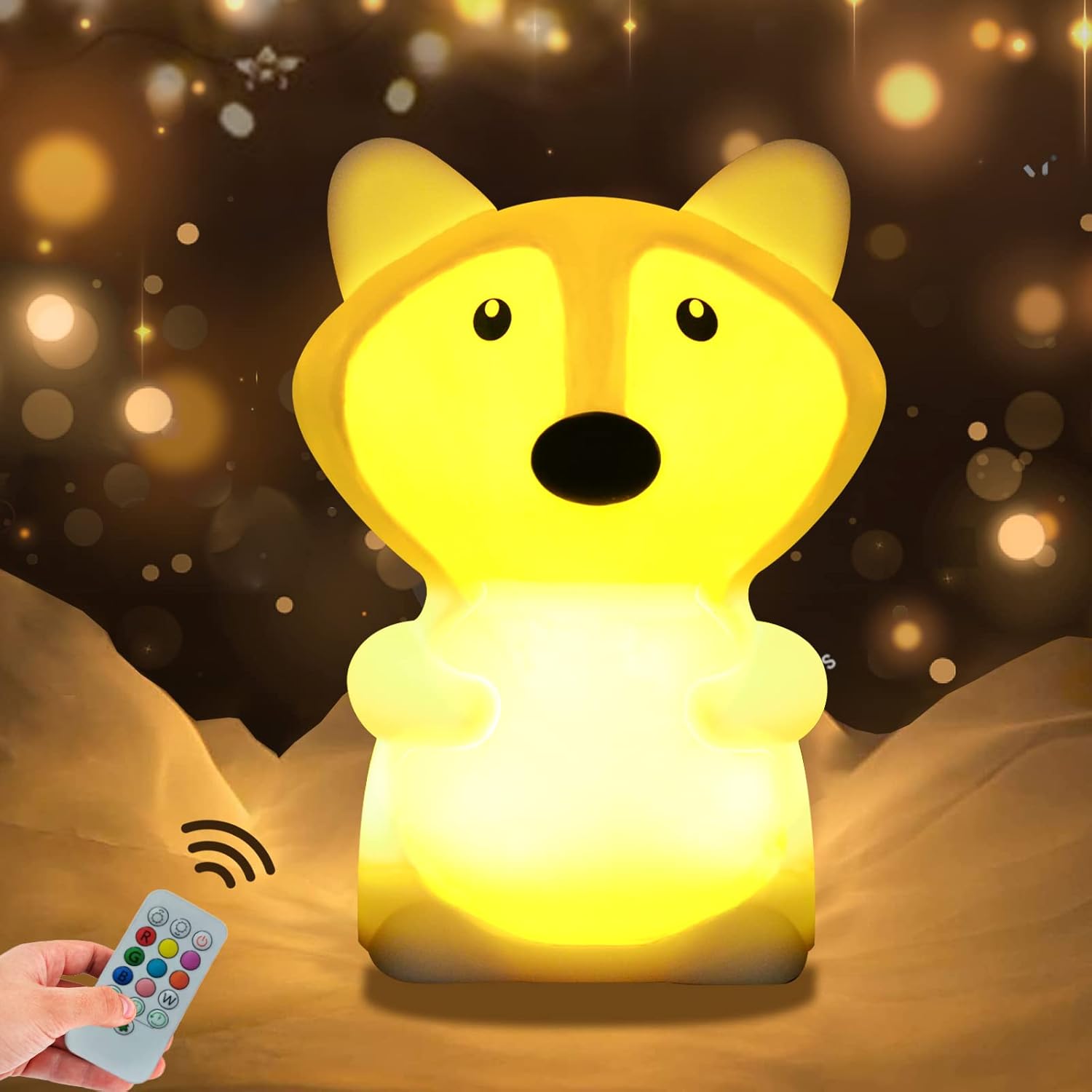 Gigantyczna lampka nocna w kształcie lisa dla dzieci, lampka nocna dla niemowląt, przenośna silikonowa lampka nocna, wielokolorowe światło z pilotem,