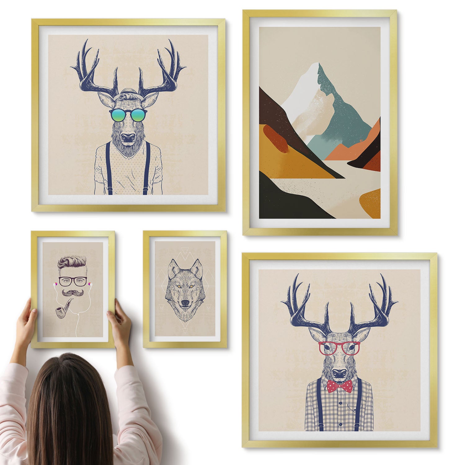Galeria ścienna 5-częściowy komplet obrazów w złotych ramach - Stylowe portrety zwierząt z górskim krajobrazem - ArtPrintCave