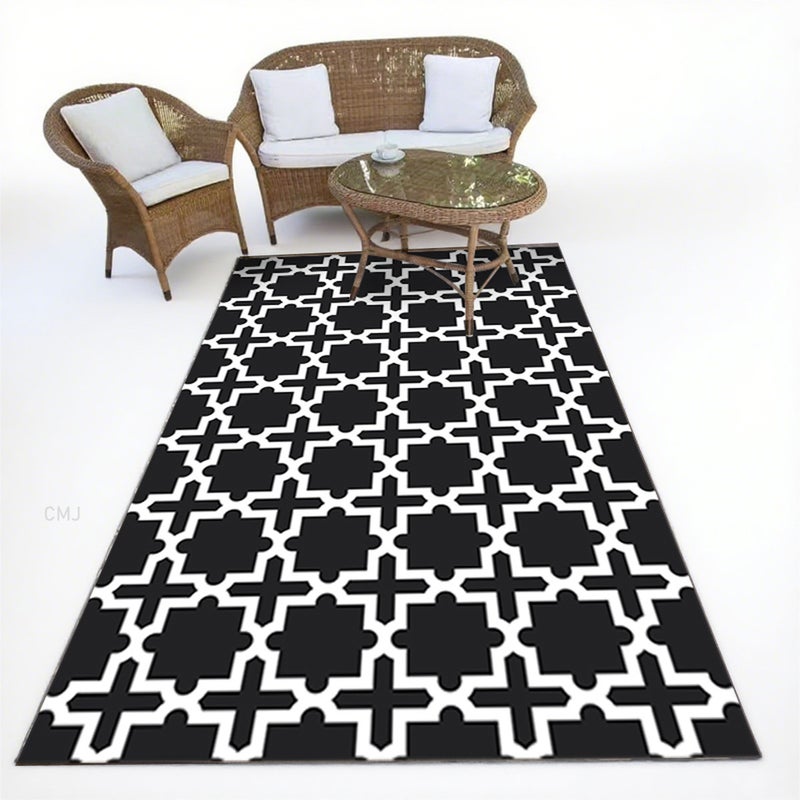 Wielki motyw geometryczny, przenośny dywan do kampera, na patio, do wnętrz i na zewnątrz, na plażę, taras, balkon, na grilla, czarno-biały, 100x200cm