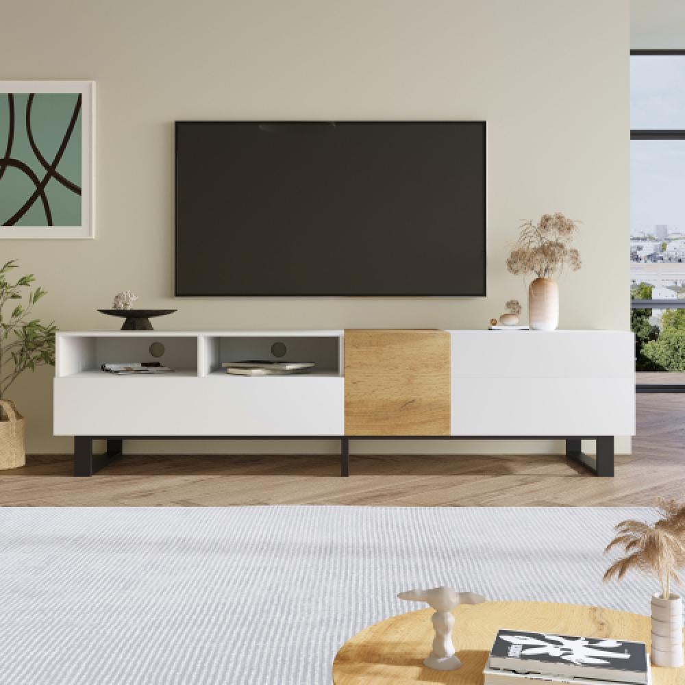 Nowoczesna szafka RTV 180x50x38 cm, biel i drewno, minimalistyczny design, wielofunkcyjna szafka z drzwiami i szufladami