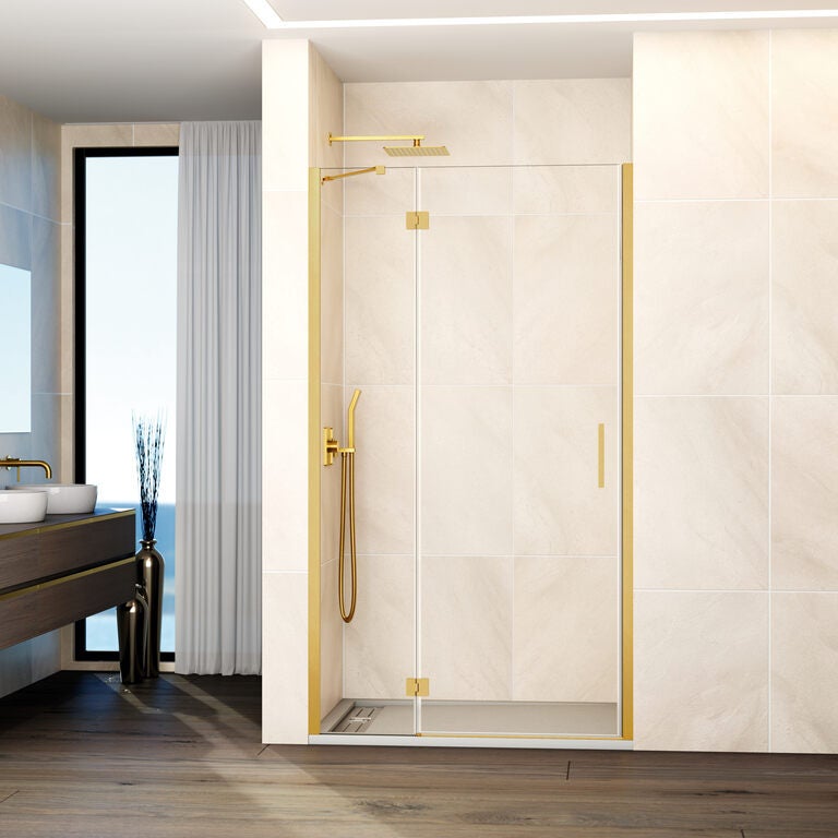 Kabina frontowa GLASS panel stały + drzwi uchylne 135 cm (129,5-135; stały 50+drzwi 80) złoty szkło przezroczyste